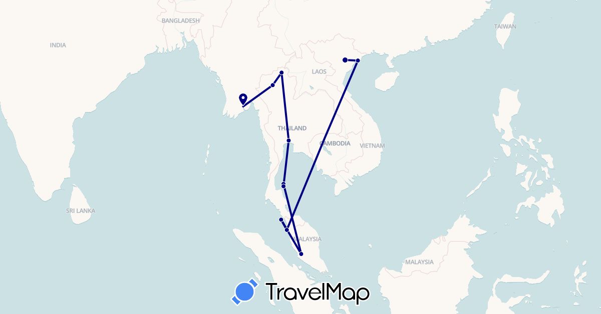 TravelMap itinerary: driving in Myanmar (Burma), Malaysia, Thailand, Vietnam (Asia)